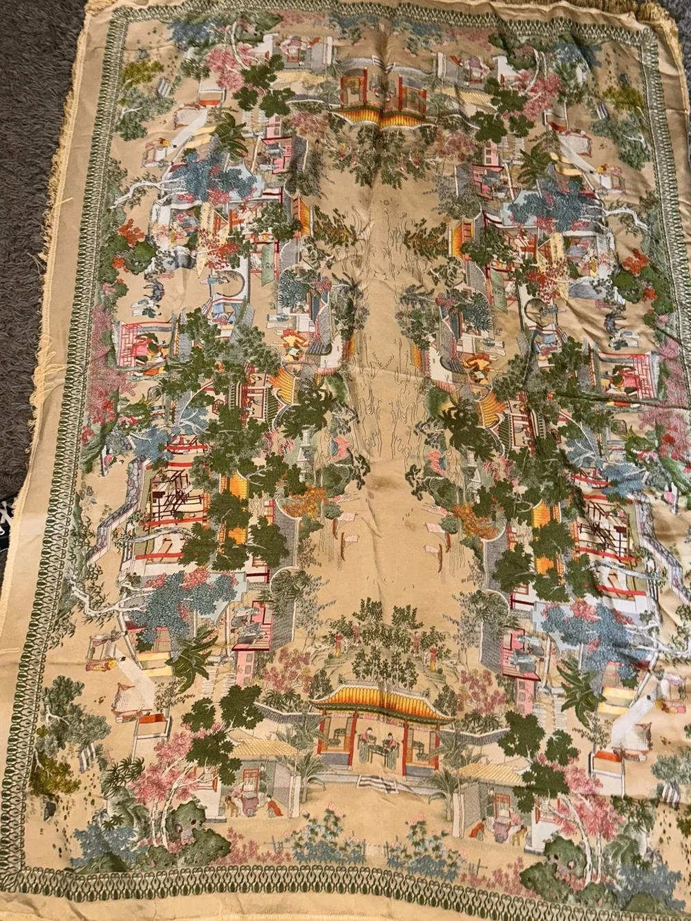 Vintage Chinoiserie Silk Scenic Wall Hanging in Multicolor